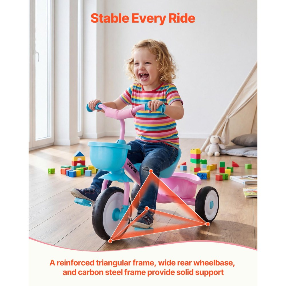 VEVOR Toddler Tricycle for 2-5 Year Old, Kids Trike with Adjustable Seat, Storage Basket, Carbon Steel Frame, Handlebar Grips for Outdoor Play, Tricycle for Toddlers, Birthday Toy for Boys and Girls
