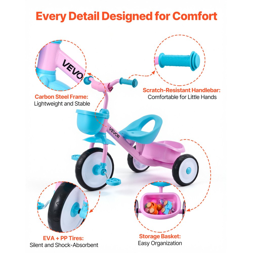 VEVOR Toddler Tricycle for 2-5 Year Old, Kids Trike with Adjustable Seat, Storage Basket, Carbon Steel Frame, Handlebar Grips for Outdoor Play, Tricycle for Toddlers, Birthday Toy for Boys and Girls