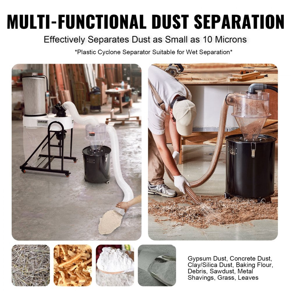 VEVOR Cyclone Dust Separator, 4" Retrofit Cyclone Separator for Dust Collectors, ABS Dust Deputy With 2" Hole O.D. Connector & Hose for Wet/Dry Shop Vacuums, Fits 5-10 Gallon Tank (Tank Exclude)