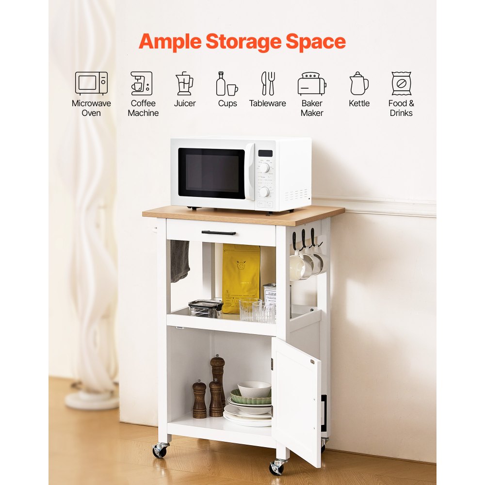 VEVOR Kitchen Island Cart with Single Door Cabinet, Mobile Carts with Drawer, Towel Rack, Hooks, Portable Table on Swivel Wheels, Small Coffee Islands Microwave Stand for Dining Room, 18x23 in, White