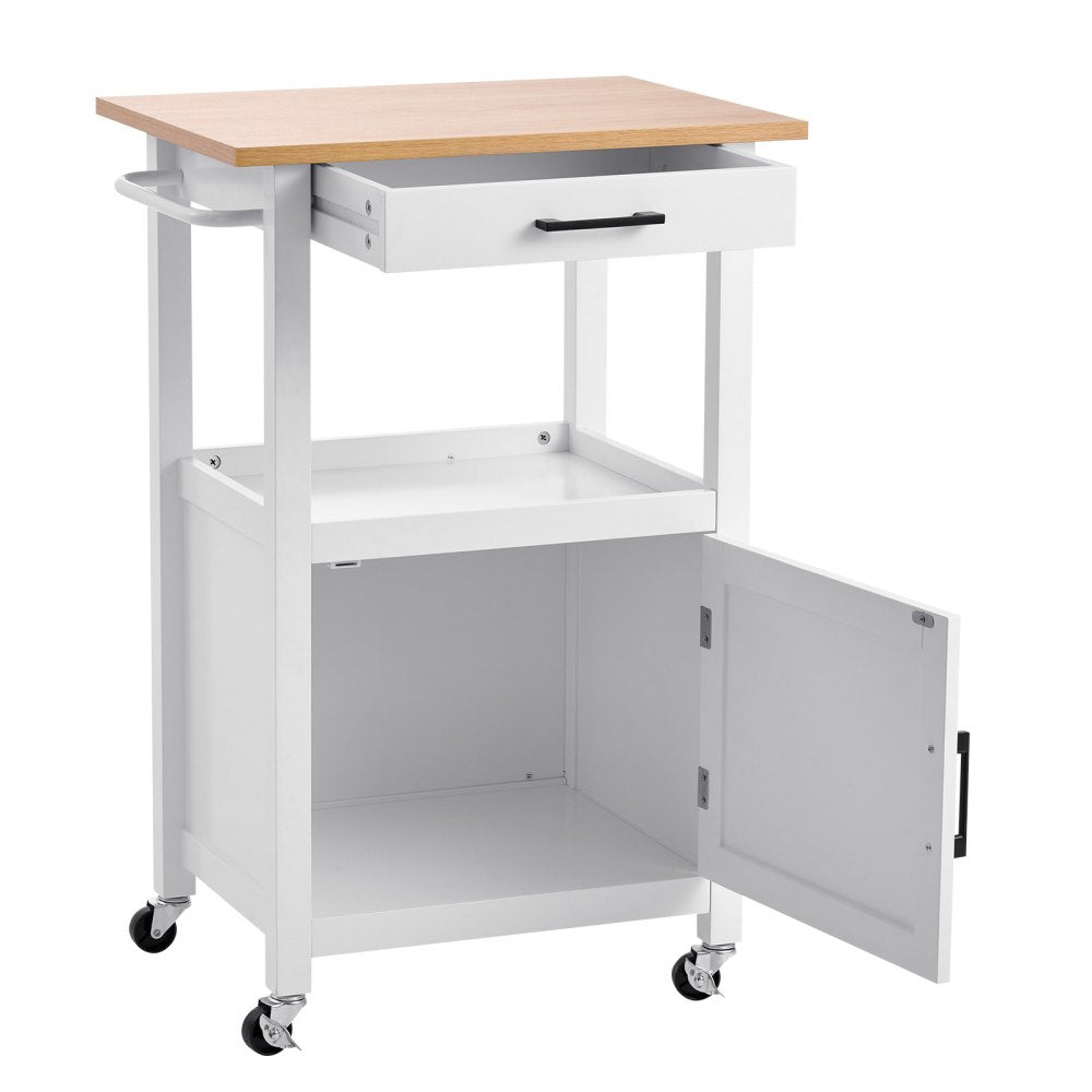 VEVOR Kitchen Island Cart with Single Door Cabinet, Mobile Carts with Drawer, Towel Rack, Hooks, Portable Table on Swivel Wheels, Small Coffee Islands Microwave Stand for Dining Room, 18x23 in, White