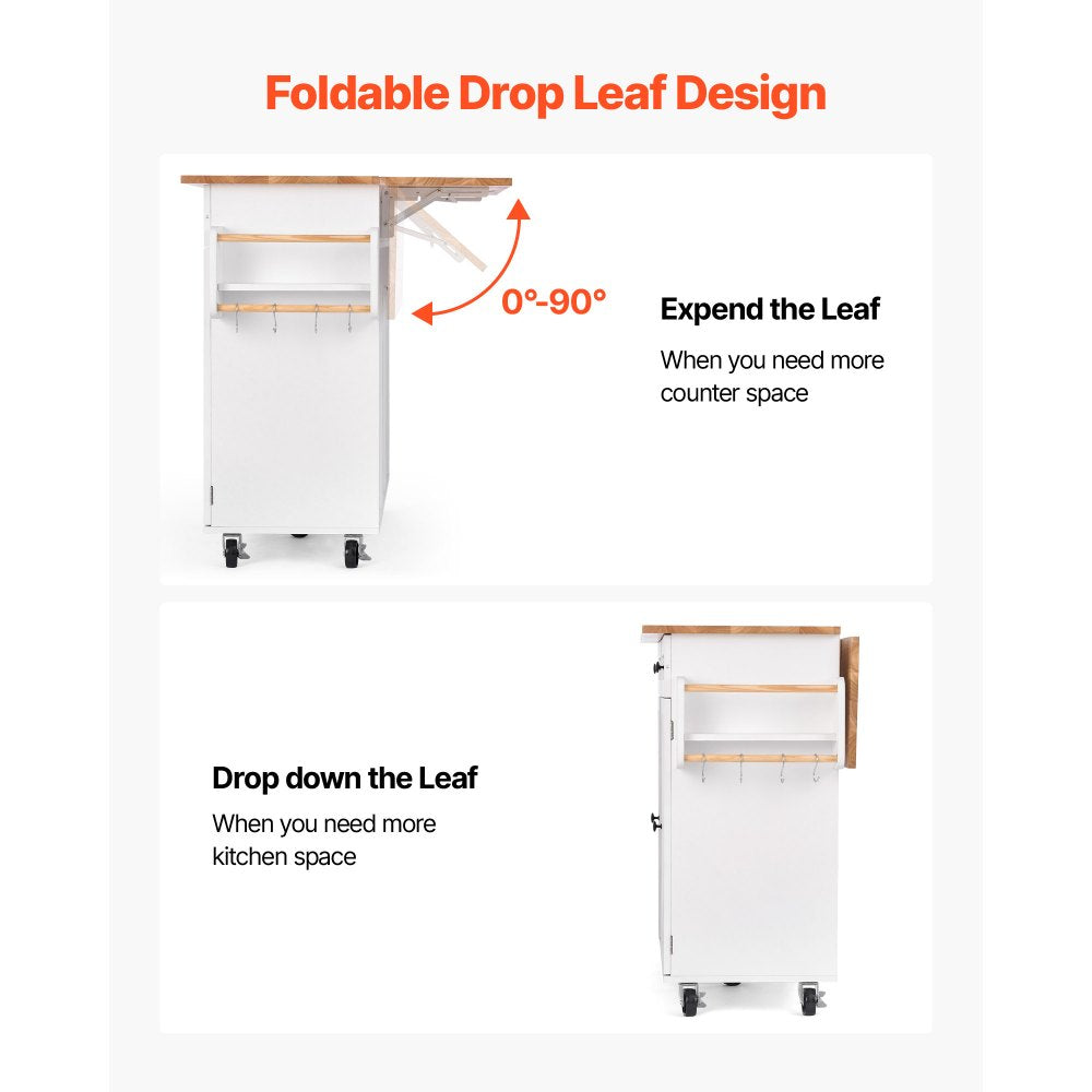 VEVOR Kitchen Island Cart, with Solid Wood Top and Storage Cabinet, Mobile Rolling Table with Drop Leaf, Drawers, Spice Towel Rack, Portable Islands on Swivel Wheels for Dining Room, 52in Width, White