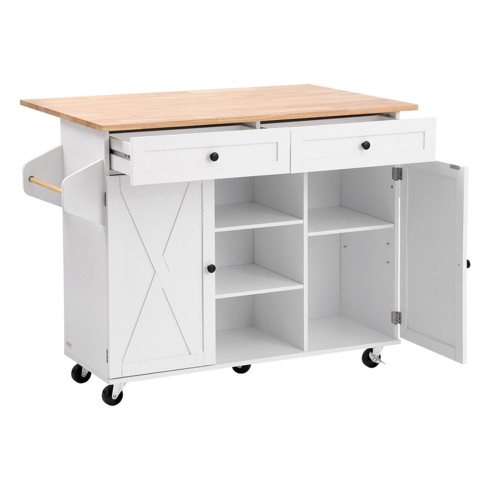 VEVOR Kitchen Island Cart, with Solid Wood Top and Storage Cabinet, Mobile Rolling Table with Drop Leaf, Drawers, Spice Towel Rack, Portable Islands on Swivel Wheels for Dining Room, 52in Width, White