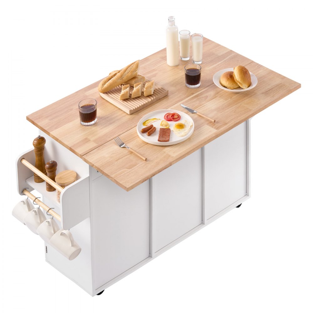 VEVOR Kitchen Island Cart, with Solid Wood Top and Storage Cabinet, Mobile Rolling Table with Drop Leaf, Drawers, Spice Towel Rack, Portable Islands on Swivel Wheels for Dining Room, 52in Width, White