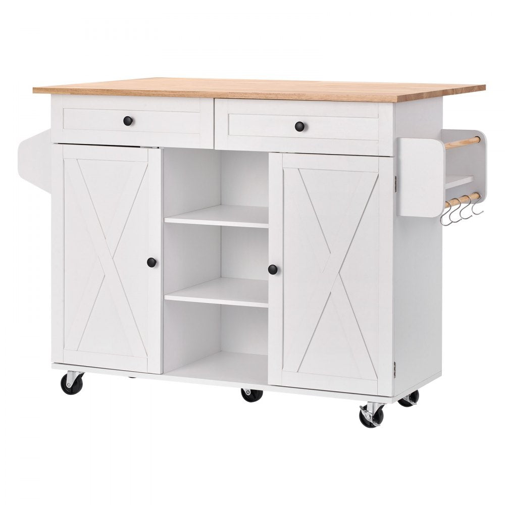 VEVOR Kitchen Island Cart, with Solid Wood Top and Storage Cabinet, Mobile Rolling Table with Drop Leaf, Drawers, Spice Towel Rack, Portable Islands on Swivel Wheels for Dining Room, 52in Width, White