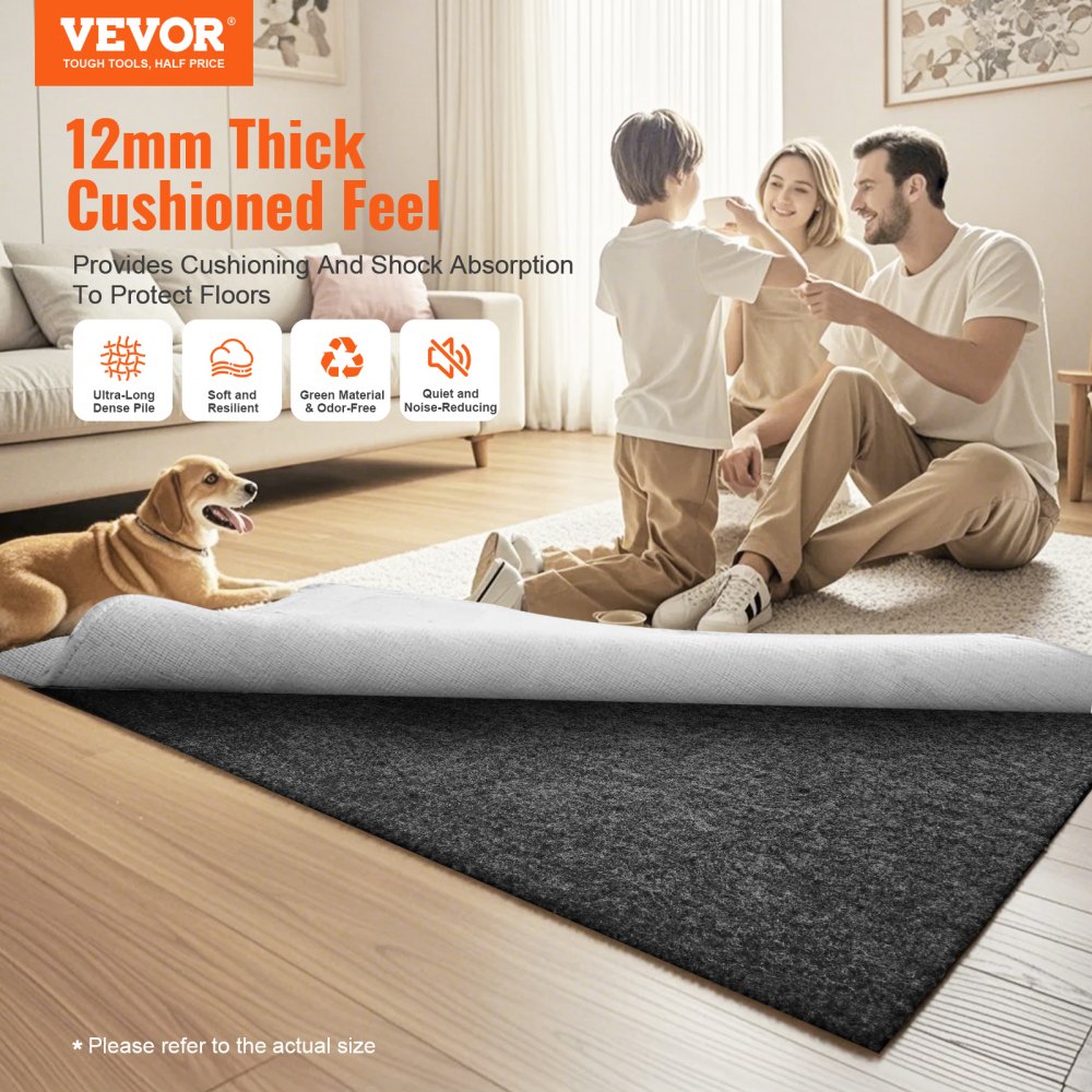 VEVOR Rug Pad Without Slip Resistance, Protective Cushioning Carpet Pad 9' x 12', 1/2"Thick, 100% Pure Polyester Felt, 10-11㎡ Premium Comfort Underfoot Carpet Padding Rug Cushion for All Floor, Gray