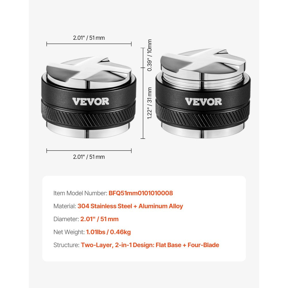 VEVOR Coffee Distributor 51mm, 2-in-1 Adjustable Espresso Distributor with Fan-Shaped Base, Coffee Distributor 304 Stainless Steel with Easy-to-Disassemble Design