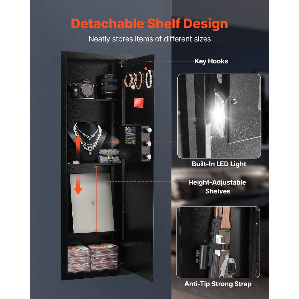 VEVOR Wall Safe, 4-Tier Hidden Wall Mounted Gun Safe with Password & Key, Q235 Cold-Rolled Steel In-Wall Box with LED Lighting, 3 Adjustable Shelves & Key Holders for Money, Jewelry, Passport, Black
