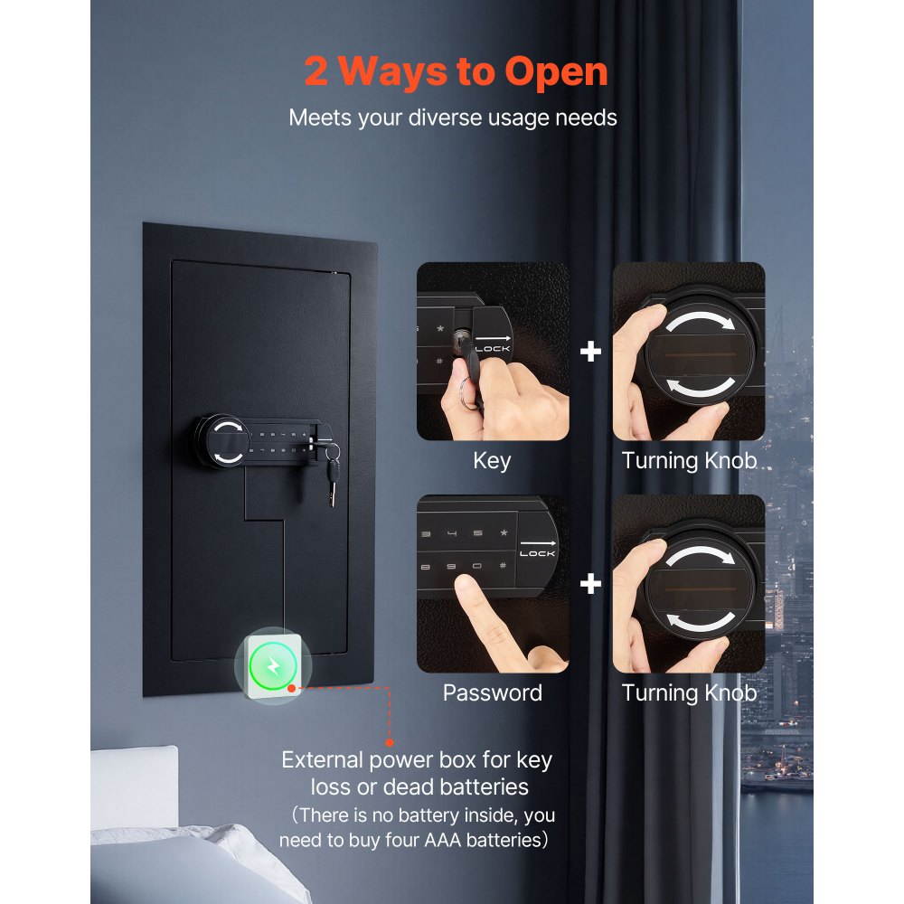 VEVOR Wall Safe, 3-Tier Hidden Wall Mounted Safe with Password & Key, Q235 Cold-Rolled Steel In-Wall Box with LED Lighting, 2 Adjustable Shelves & 5 Key Holders for Money, Jewelry, Passport, Black