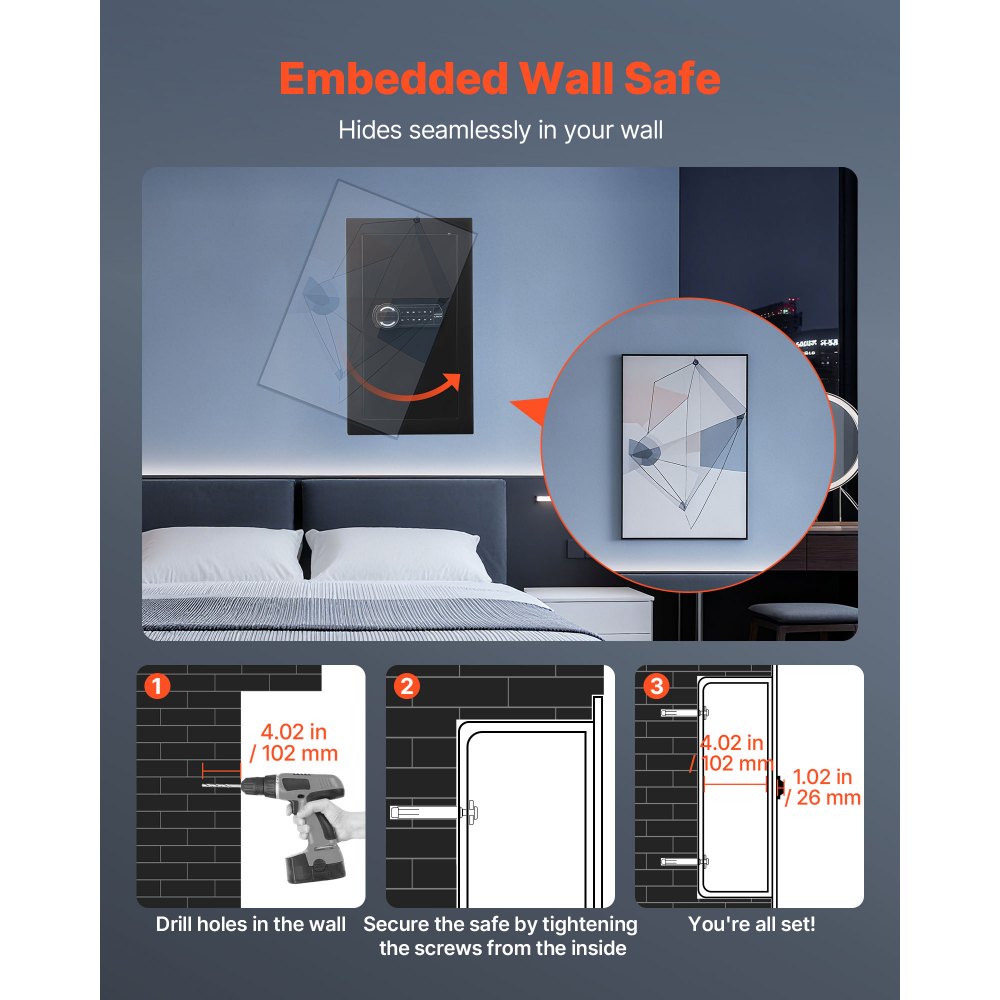 VEVOR Wall Safe, 3-Tier Hidden Wall Mounted Safe with Password & Key, Q235 Cold-Rolled Steel In-Wall Box with LED Lighting, 2 Adjustable Shelves & 5 Key Holders for Money, Jewelry, Passport, Black