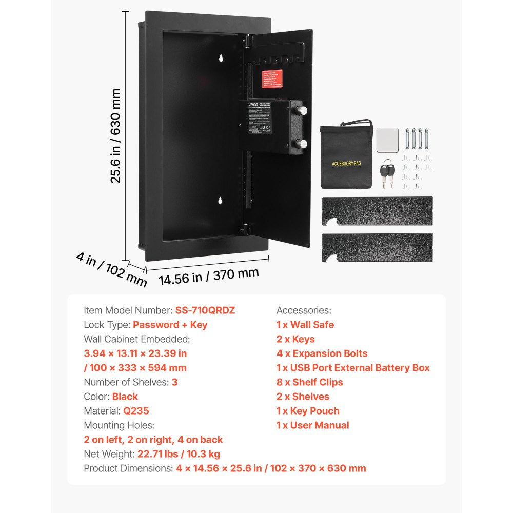 VEVOR Wall Safe, 3-Tier Hidden Wall Mounted Safe with Password & Key, Q235 Cold-Rolled Steel In-Wall Box with LED Lighting, 2 Adjustable Shelves & 5 Key Holders for Money, Jewelry, Passport, Black