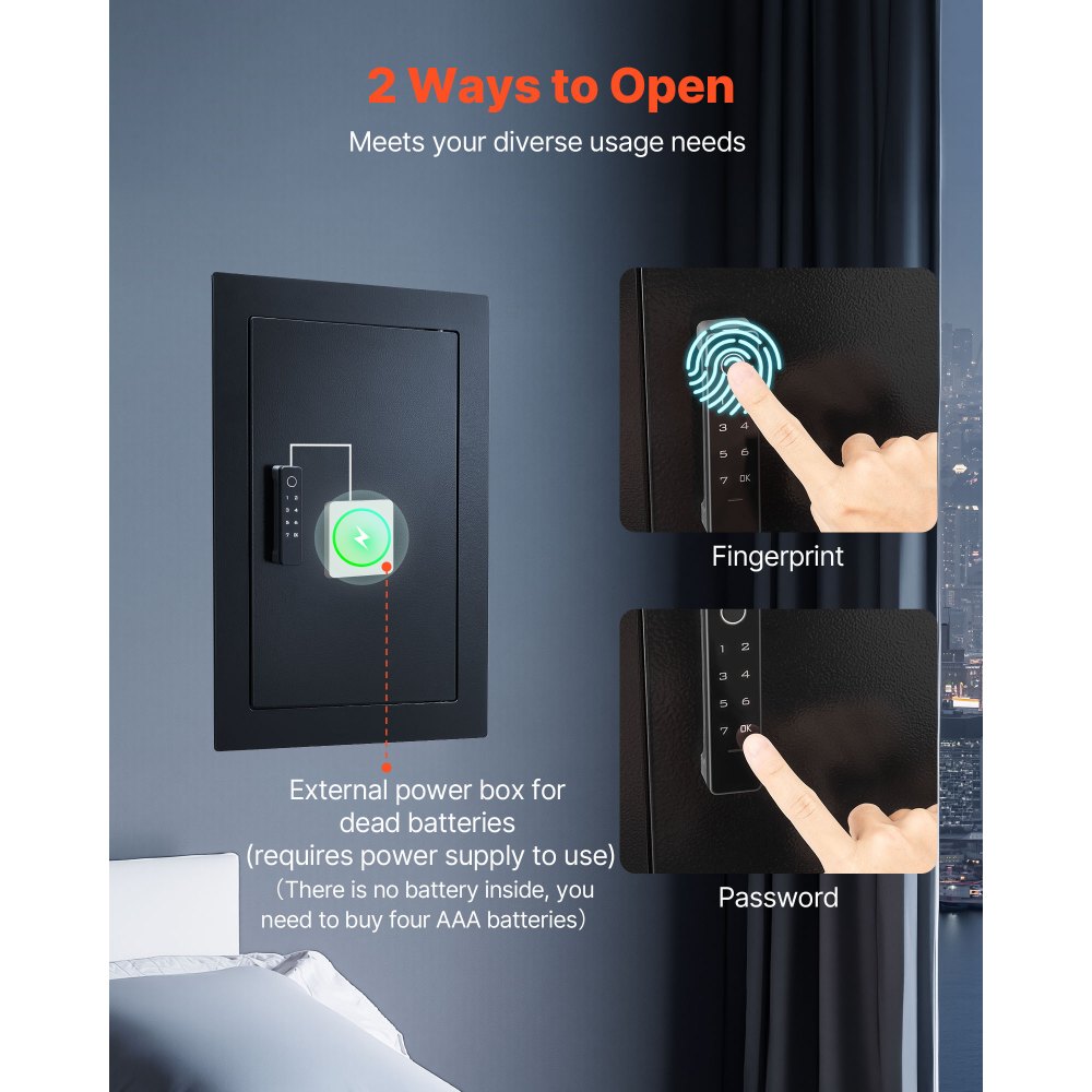 VEVOR Wall Safe, 3-Tier Hidden Wall Safe with Fingerprint, Password, Key & Turning Knob, Q235 Cold-Rolled Steel In-Wall Box with Adjustable Shelves & Key Holders for Money, Jewelry, Passport, Document