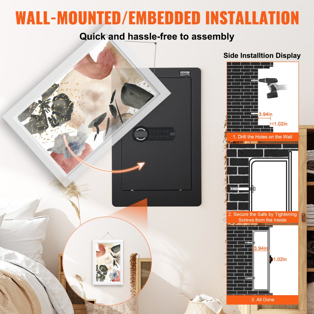 VEVOR 25.59" Tall Wall Safe, 3-Tier Hidden Wall Safe with Keypad, 3 Removable Shelves & 6 Key Holders, Q235 Cold-Rolled Steel In Wall Safe with LED Light & Vibration Alarm for Money, Jewelry, Passport