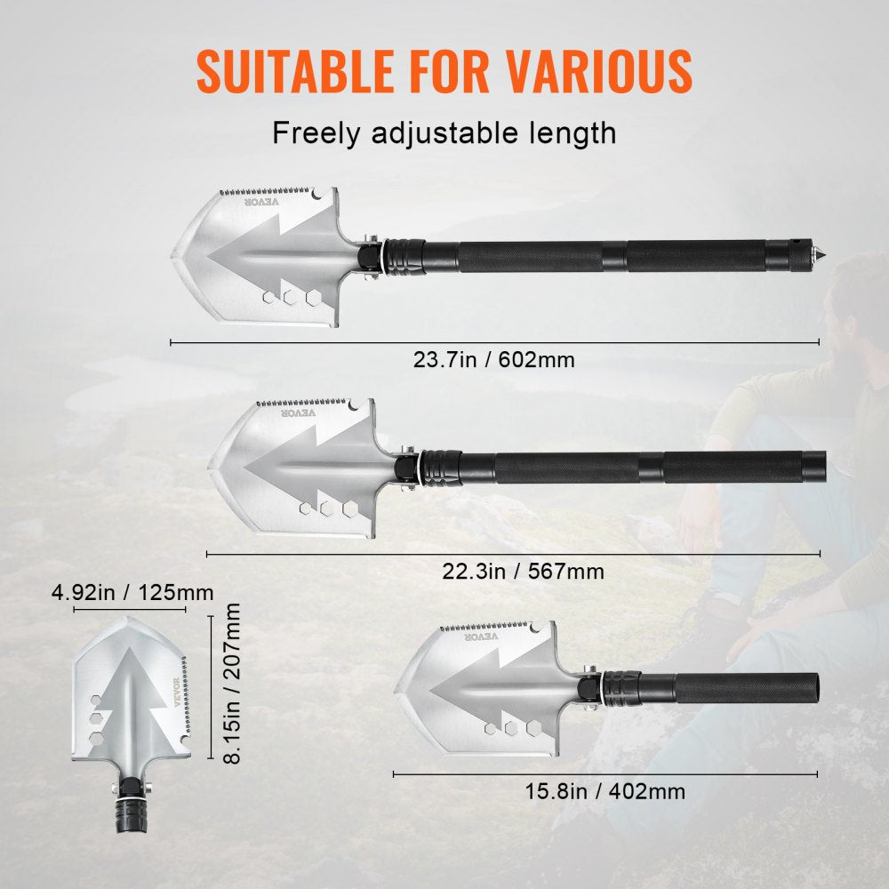 VEVOR Survival Shovel, 8 in 1 Camping Shovel Folding Multitool, Military Grade Portable Compact Tactical Shovel, Multifunction for Off-Roading, Camping, Hiking, Outdoor, Survivalist and Emergency