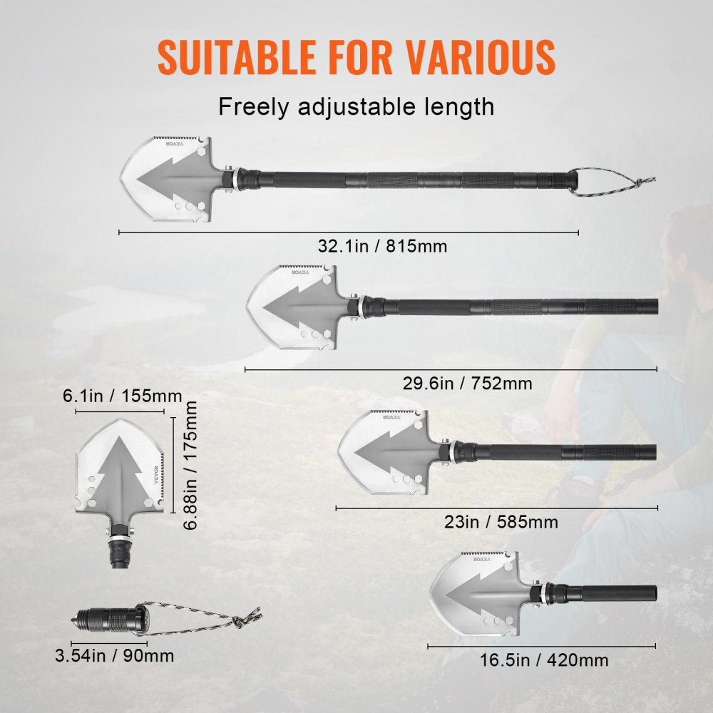 VEVOR Survival Shovel, 11 in 1 Camping Shovel Folding Multitool, Military Grade Portable Compact Tactical Shovel, Multifunction for Off-Roading, Camping, Hiking, Outdoor, Survivalist and Emergency