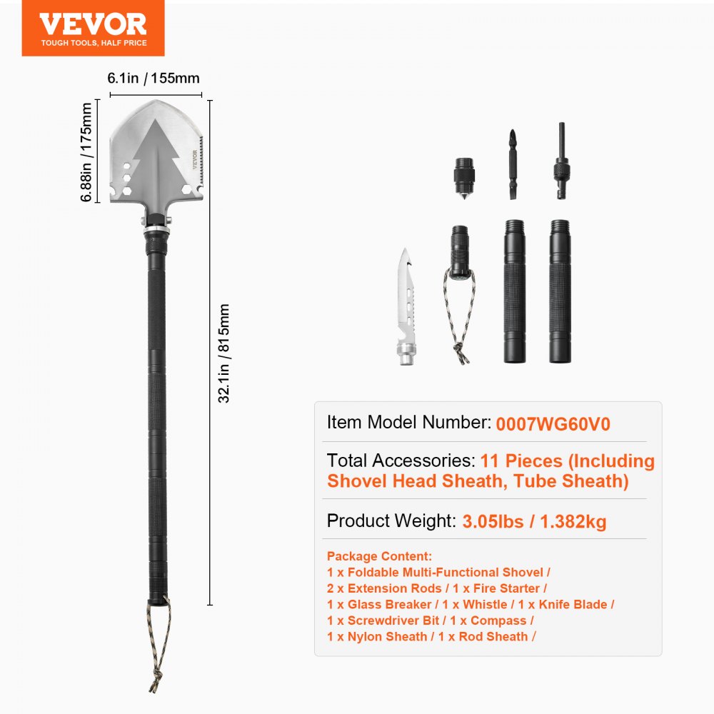VEVOR Survival Shovel, 11 in 1 Camping Shovel Folding Multitool, Military Grade Portable Compact Tactical Shovel, Multifunction for Off-Roading, Camping, Hiking, Outdoor, Survivalist and Emergency