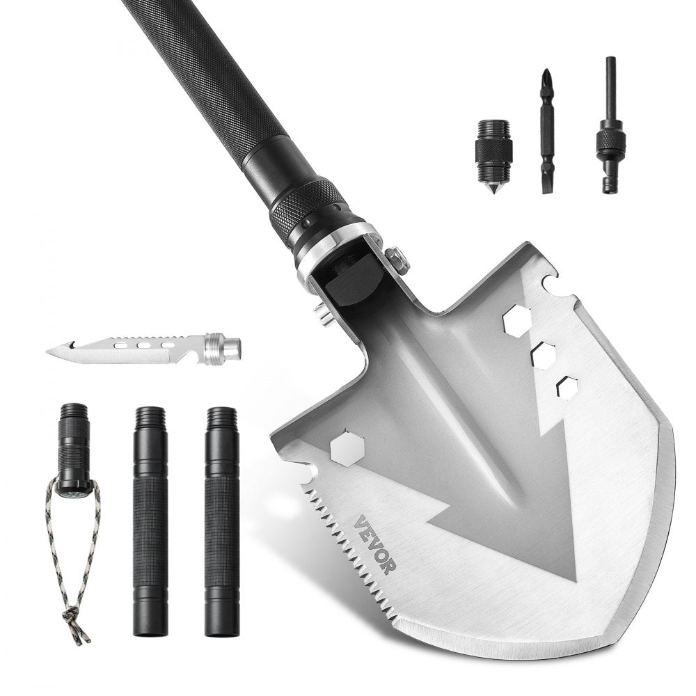 VEVOR Survival Shovel, 11 in 1 Camping Shovel Folding Multitool, Military Grade Portable Compact Tactical Shovel, Multifunction for Off-Roading, Camping, Hiking, Outdoor, Survivalist and Emergency