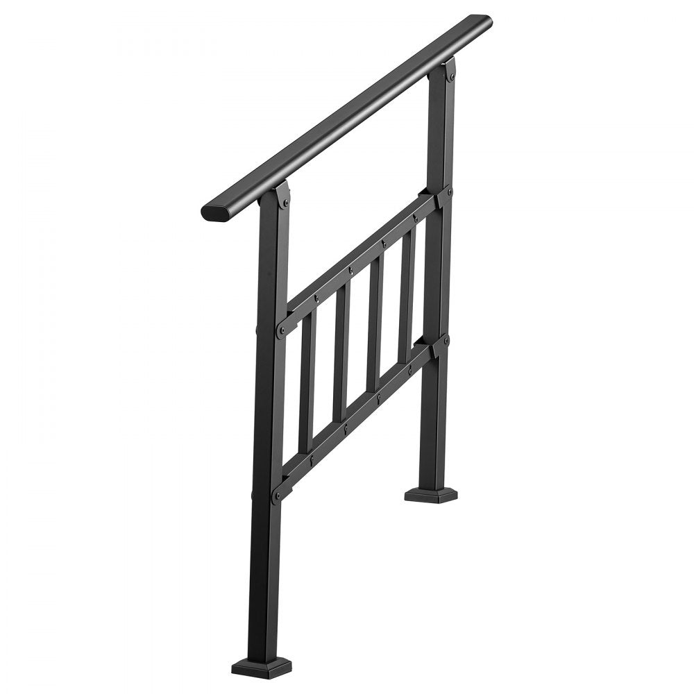 VEVOR Handrails for Outdoor Steps, 2-3 Step Stair Hand Rail Kit, Black, Flat Tube Stair Rails with Crossbar, for Seniors, Concrete Steps, Porch & Deck, Galvanized Steel Railings w/ Installation Kit