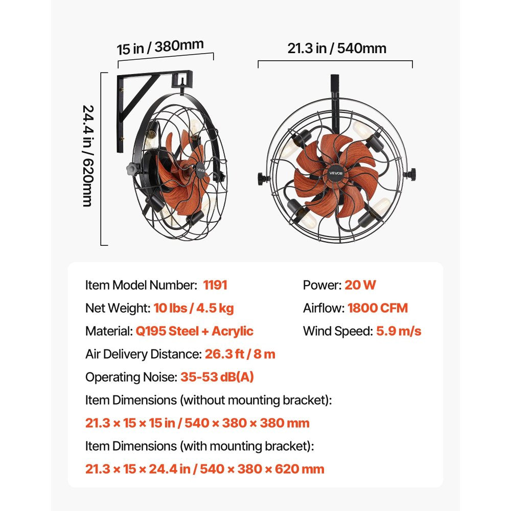VEVOR Wall Mounted Fan with Lights, 21 inch Wall Mount Fan with Remote, 6 Speeds Plug in Wall Fan, Timer, 360°Adjustable Tilt for Bedroom,Garage,Workshop (Compatible 4 E26 Bulb Sockets,No Bulb)