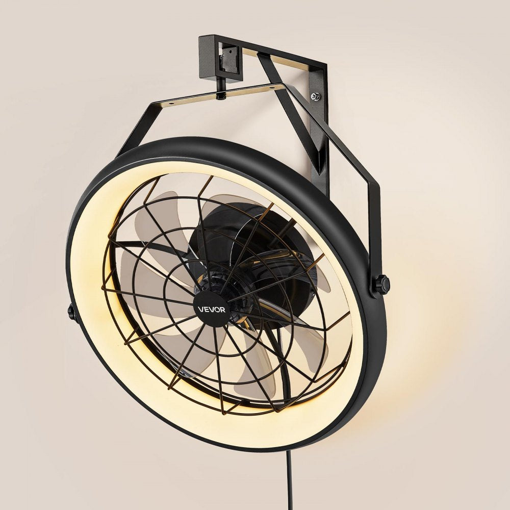 VEVOR Wall Mounted Fan with Lights, 22 inch Wall Mount Fan with Remote, 6 Speeds Plug in Wall Fan, Reversible, Dimmable 3-color Lighting, Timer, 360°Adjustable Tilt for Workshop, Patio, Home