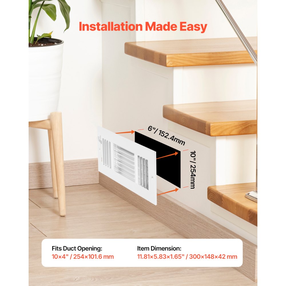 VEVOR 4 x 10 Inch Floor Registers, 6-Pack Floor Vents, HVAC 3-Direction Iron Vent Grilles for Home/Office Wall & Ceiling, Rustproof Anti-Peeling Air Vents Deflector Adjustable with Metal Damper, White