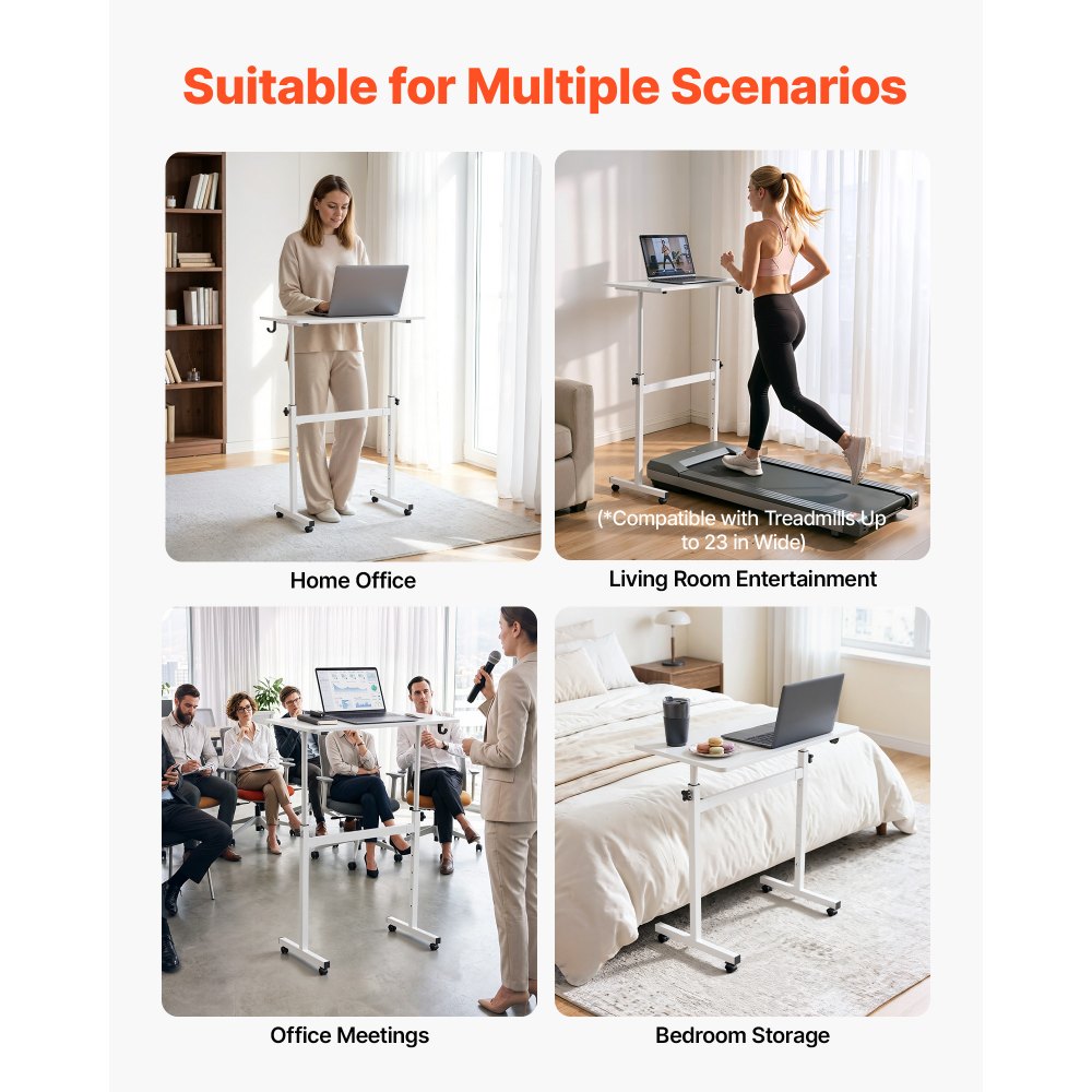 VEVOR Standing Desk, Adjustable Height Mobile Stand Up Desk with Lockable Casters, 32 x 16 in Small Computer Sit Stand Rolling Workstation with Hook, 55.1 lbs Desktop Capacity, for Home Office, White