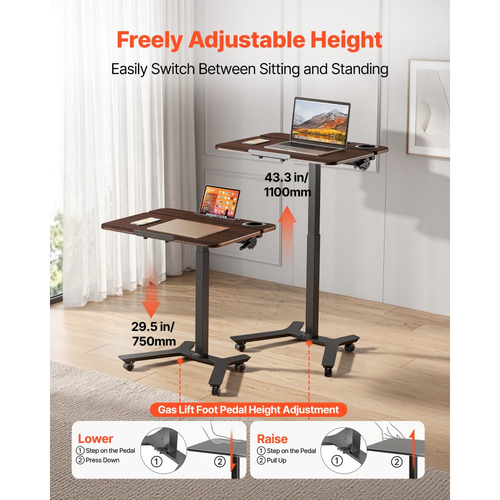 VEVOR Standing Desk, Adjustable Height Mobile Stand Up Desk with Tilting Desktop, 28.2 x 20.7 in Small Computer Sit Stand Workstation, 33 lbs Capacity, Foot Pedal Pneumatic Lift for Home, Office