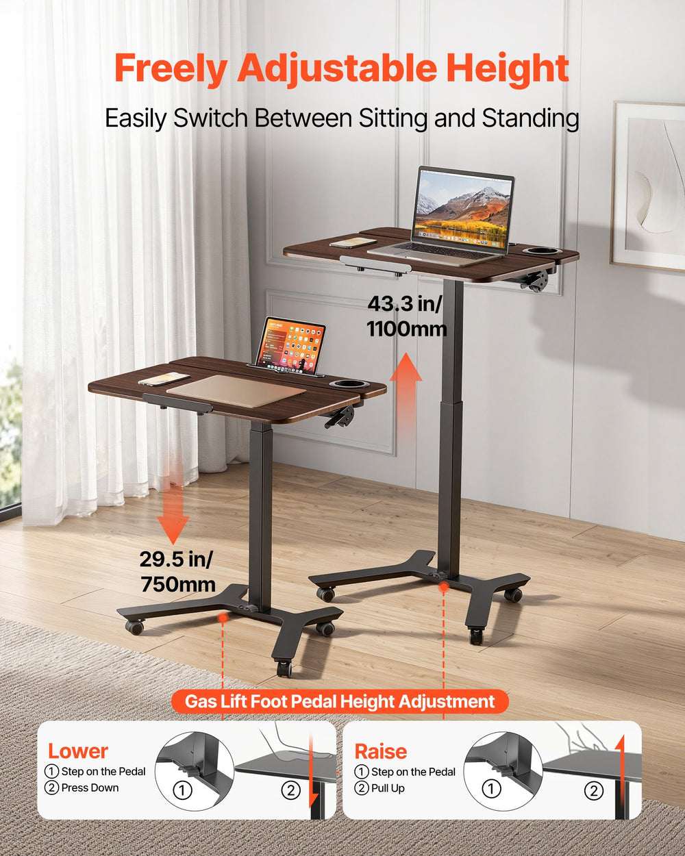 VEVOR Standing Desk, Adjustable Height Mobile Stand Up Desk with Tilting Desktop, 28.2 x 20.7 in Small Computer Sit Stand Workstation, 33 lbs Capacity, Foot Pedal Pneumatic Lift for Home, Office
