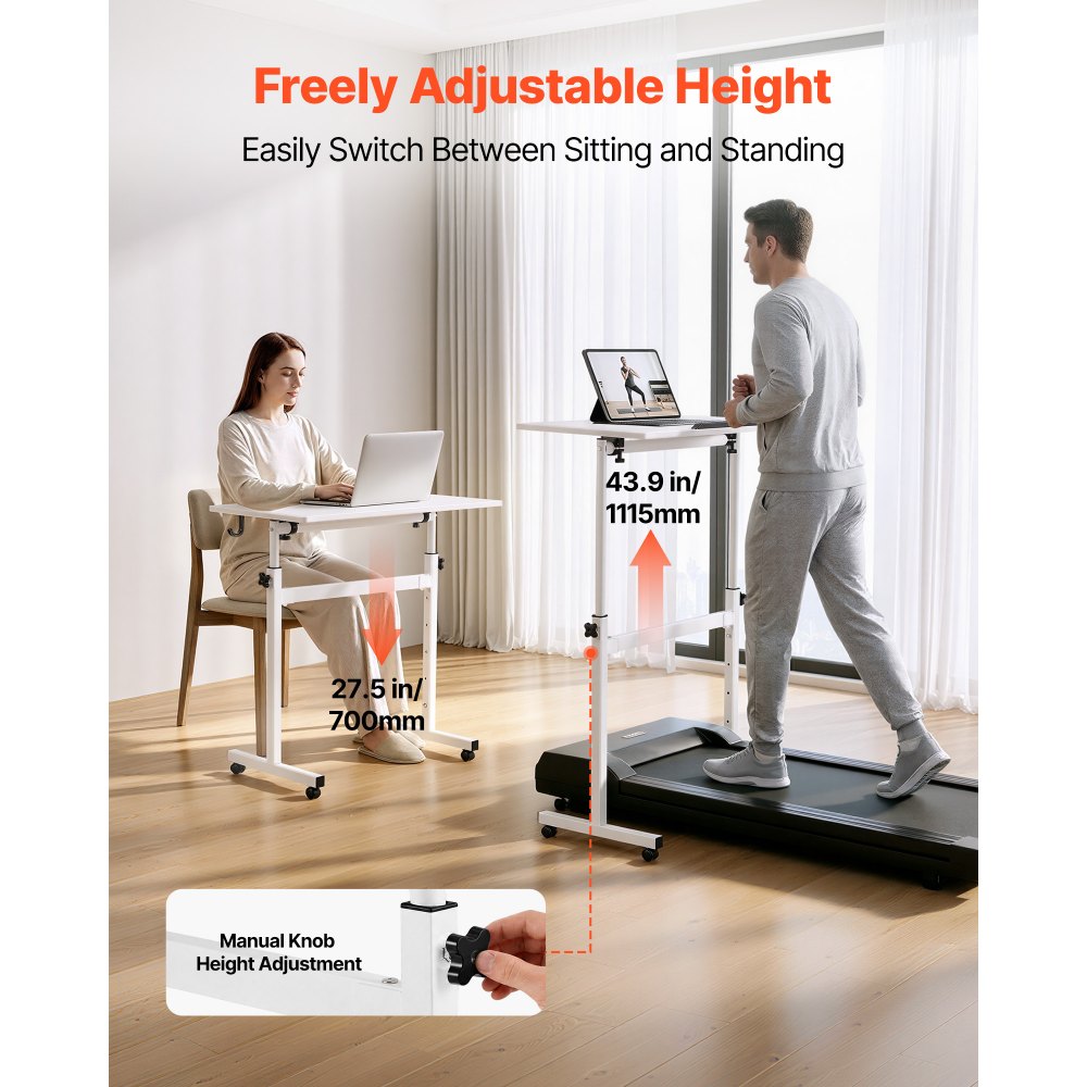 VEVOR Standing Desk, Adjustable Height Mobile Stand Up Desk 360° Tilting Desktop, 32 x 16 in Small Computer Sit Stand Rolling Workstation w/ Hook, Lockable Casters, 55.1 lbs Capacity for Home Office
