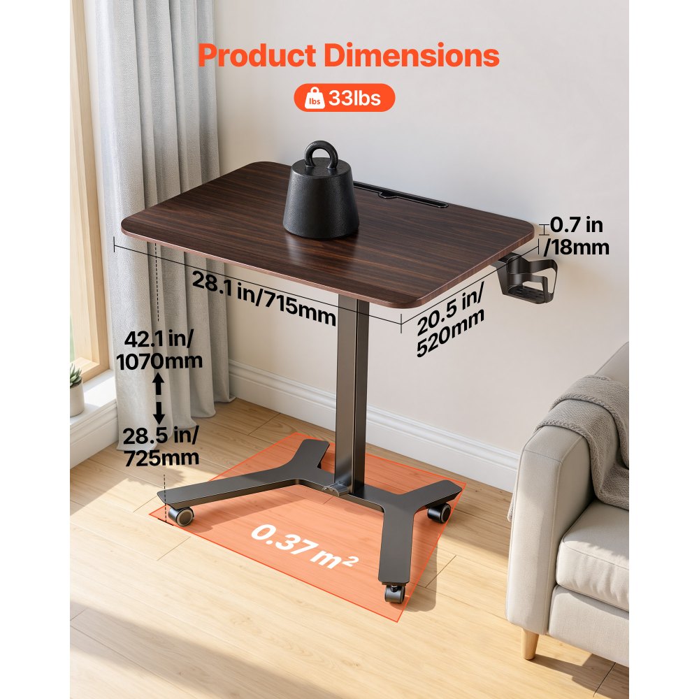 VEVOR Standing Desk, Adjustable Height Mobile Stand Up Desk w/ Casters, 28.2 x 20.5 in Small Computer Sit Stand Rolling Workstation w/ Hook, 33 lbs Capacity, Foot Pedal Pneumatic Lift for Home Office