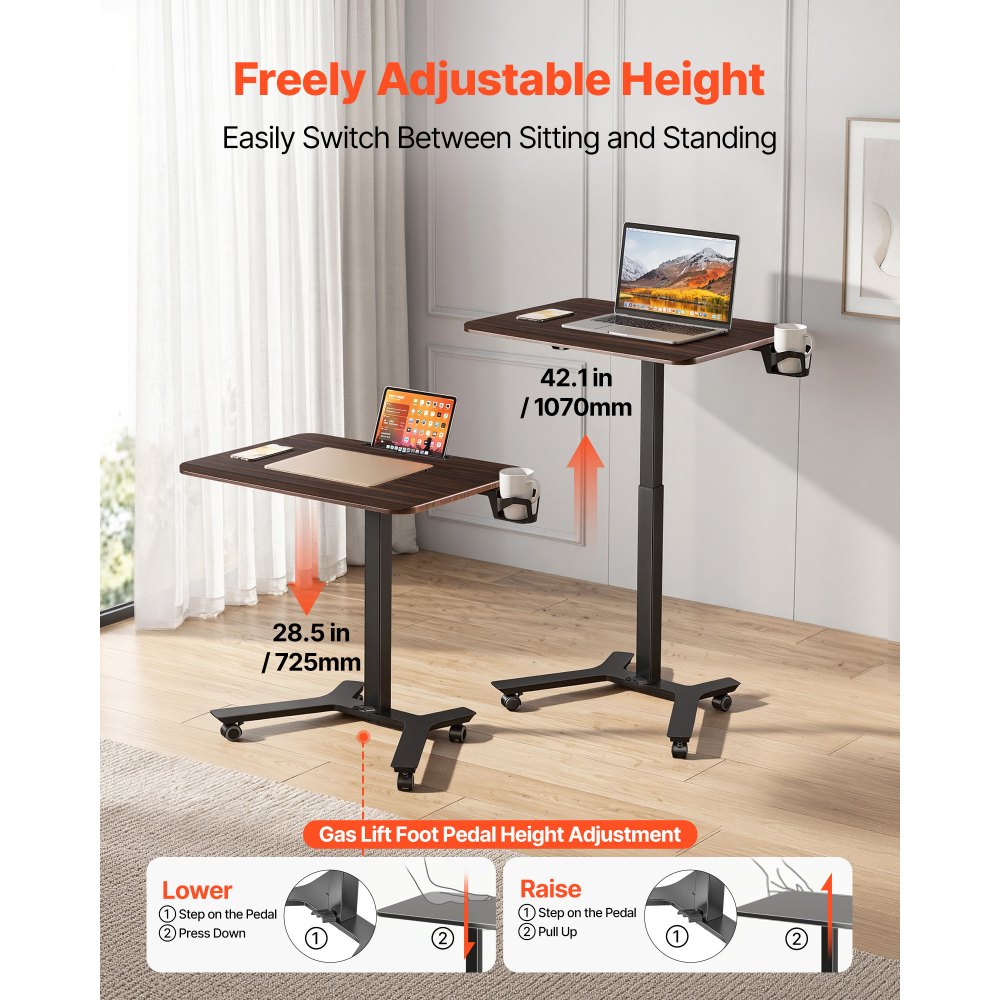 VEVOR Standing Desk, Adjustable Height Mobile Stand Up Desk w/ Casters, 28.2 x 20.5 in Small Computer Sit Stand Rolling Workstation w/ Hook, 33 lbs Capacity, Foot Pedal Pneumatic Lift for Home Office