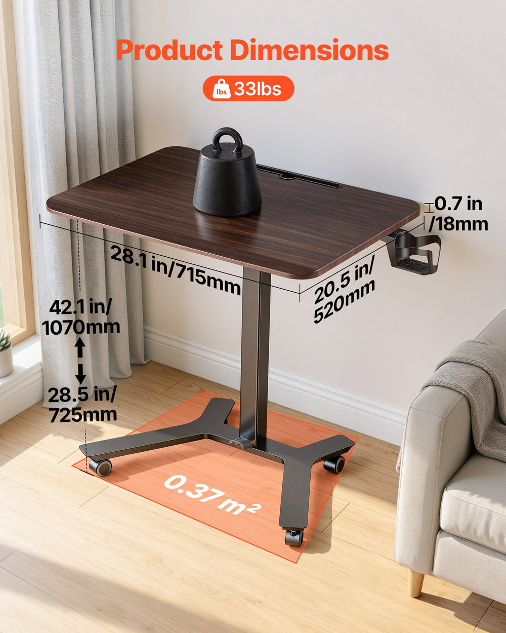 VEVOR Standing Desk, Adjustable Height Mobile Stand Up Desk w/ Casters, 28.2 x 20.5 in Small Computer Sit Stand Rolling Workstation w/ Hook, 33 lbs Capacity, Foot Pedal Pneumatic Lift for Home Office