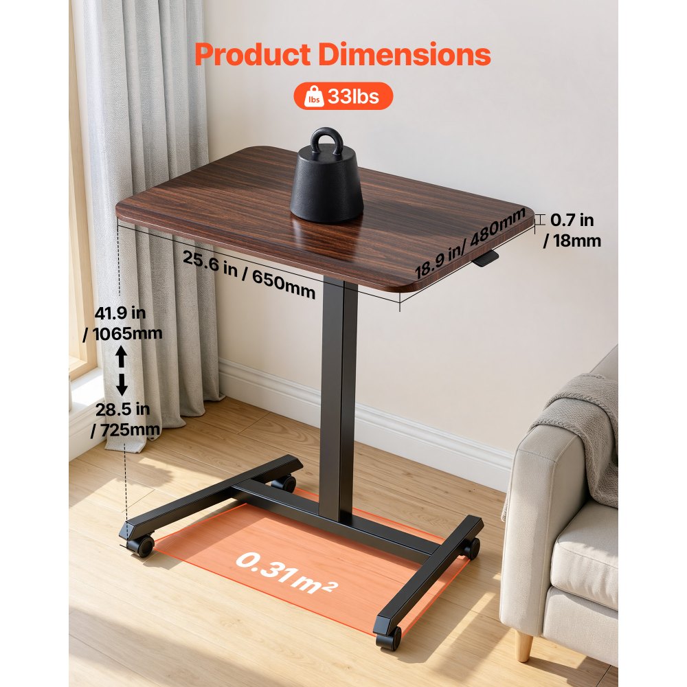 VEVOR Standing Desk, Adjustable Height Mobile Stand Up Desk with 4 Casters, 25.6 x 19 in Small Computer Sit Stand Rolling Workstation with Hook, 33 lbs Desktop Capacity, Ideal for Home Office, Brown