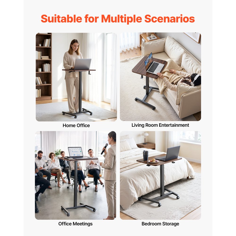 VEVOR Standing Desk, Adjustable Height Mobile Stand Up Desk with 4 Casters, 25.6 x 19 in Small Computer Sit Stand Rolling Workstation with Hook, 33 lbs Desktop Capacity, Ideal for Home Office, Brown