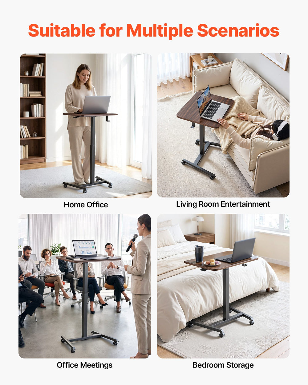 VEVOR Standing Desk, Adjustable Height Mobile Stand Up Desk with 4 Casters, 25.6 x 19 in Small Computer Sit Stand Rolling Workstation with Hook, 33 lbs Desktop Capacity, Ideal for Home Office, Brown