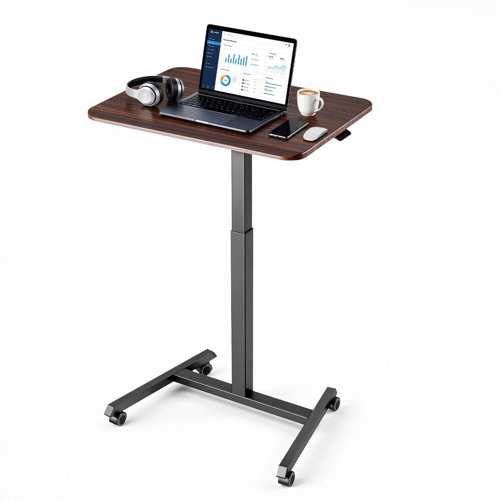 VEVOR Standing Desk, Adjustable Height Mobile Stand Up Desk with 4 Casters, 25.6 x 19 in Small Computer Sit Stand Rolling Workstation with Hook, 33 lbs Desktop Capacity, Ideal for Home Office, Brown