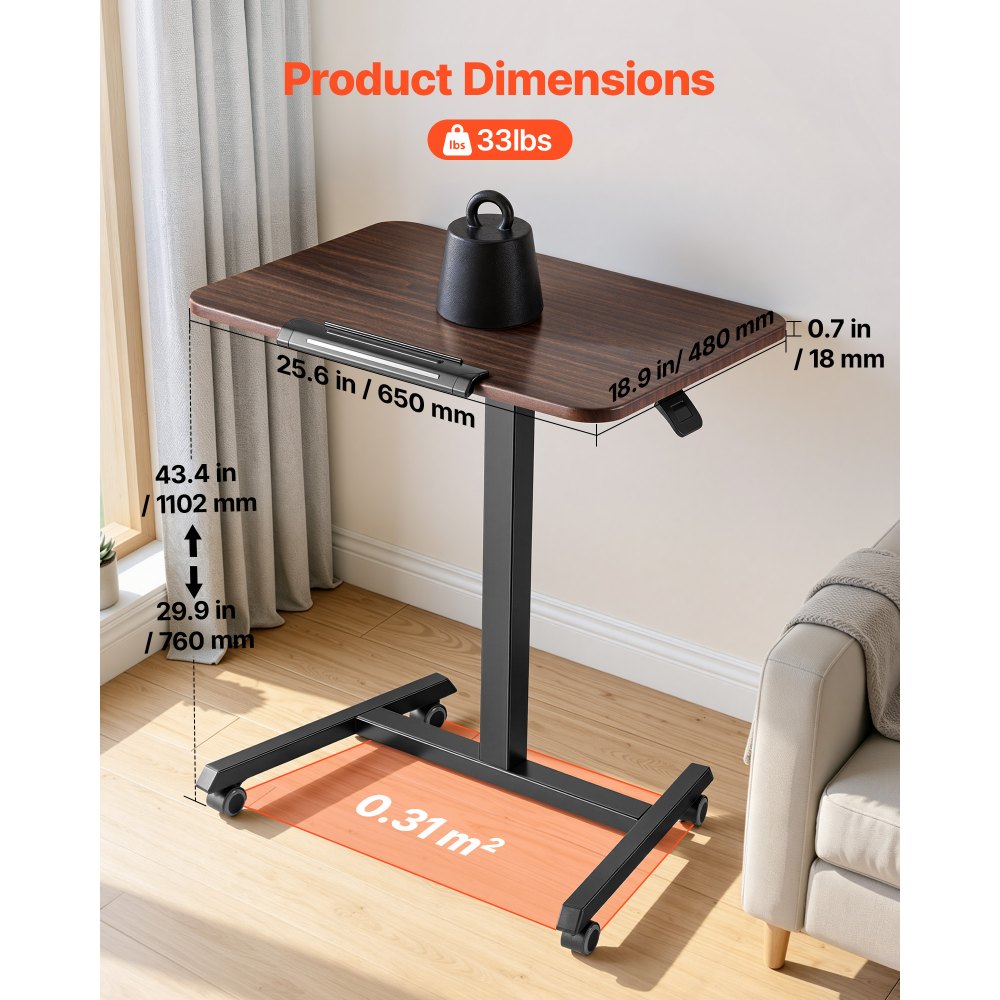 VEVOR Standing Desk, Adjustable Height Mobile Stand Up Desk with Tilting Desktop, 25.6 x 19 in Small Computer Sit Stand Rolling Workstation with 4 Casters, 33 lbs Capacity, Ideal for Home Office