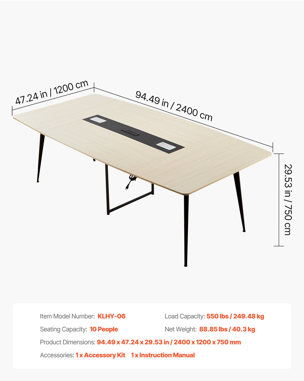 VEVOR conference table dimensions and model information (diagram)