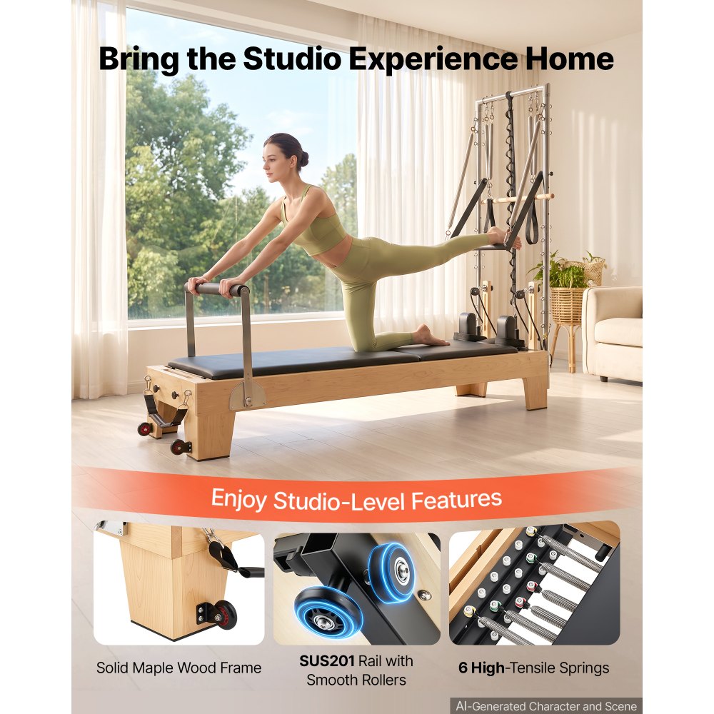 VEVOR Pilates Reformer with Tower 94" Pilates Machine 400 lbs Maple Wood, for Home Use and Gym Workout, with Jump Board, Music Wire Springs, and Sitting Box, Suitable for Advanced and Beginners Users