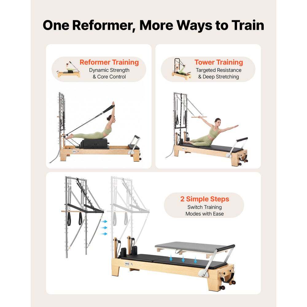 VEVOR Pilates Reformer with Tower 94" Pilates Machine 400 lbs Maple Wood, for Home Use and Gym Workout, with Jump Board, Music Wire Springs, and Sitting Box, Suitable for Advanced and Beginners Users