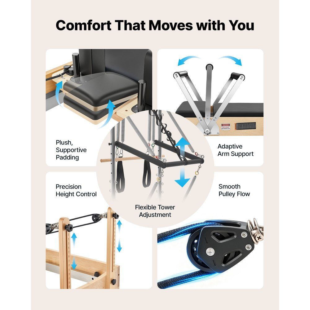 VEVOR Pilates Reformer with Tower 94" Pilates Machine 400 lbs Maple Wood, for Home Use and Gym Workout, with Jump Board, Music Wire Springs, and Sitting Box, Suitable for Advanced and Beginners Users
