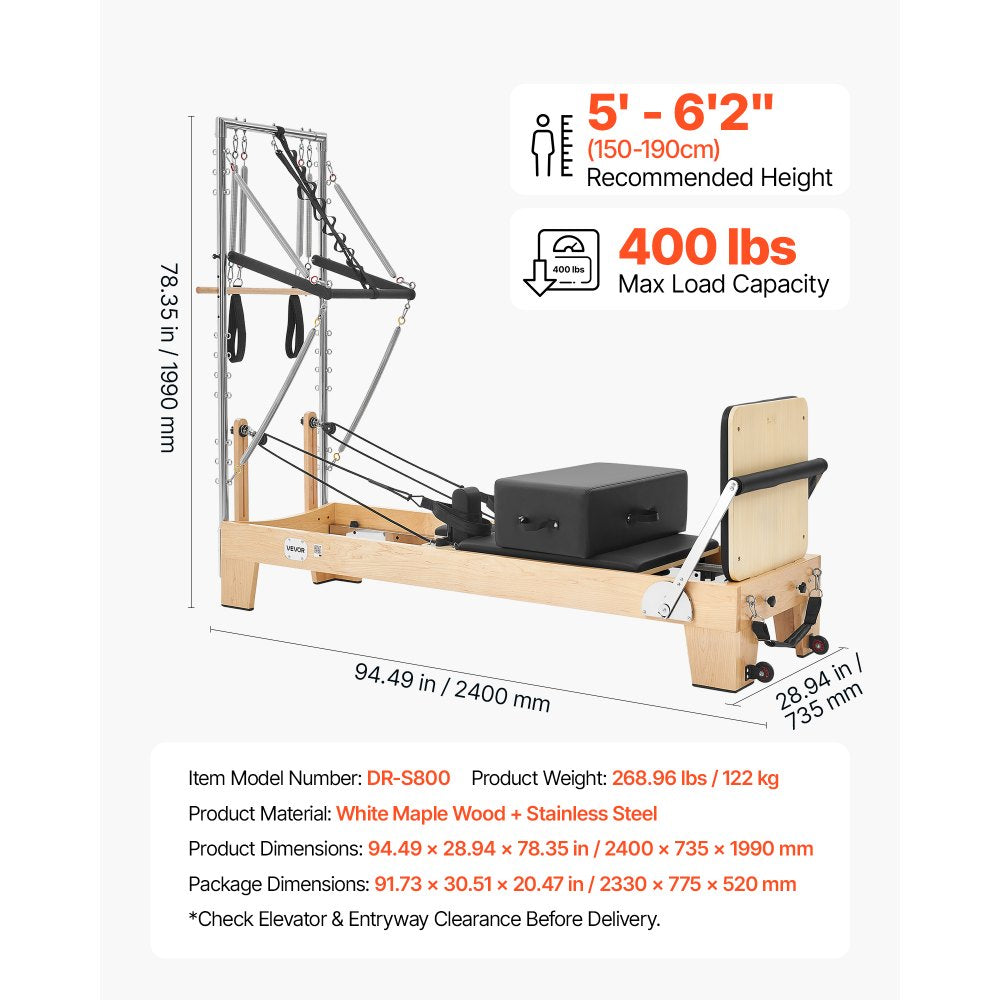 VEVOR Pilates Reformer with Tower 94" Pilates Machine 400 lbs Maple Wood, for Home Use and Gym Workout, with Jump Board, Music Wire Springs, and Sitting Box, Suitable for Advanced and Beginners Users