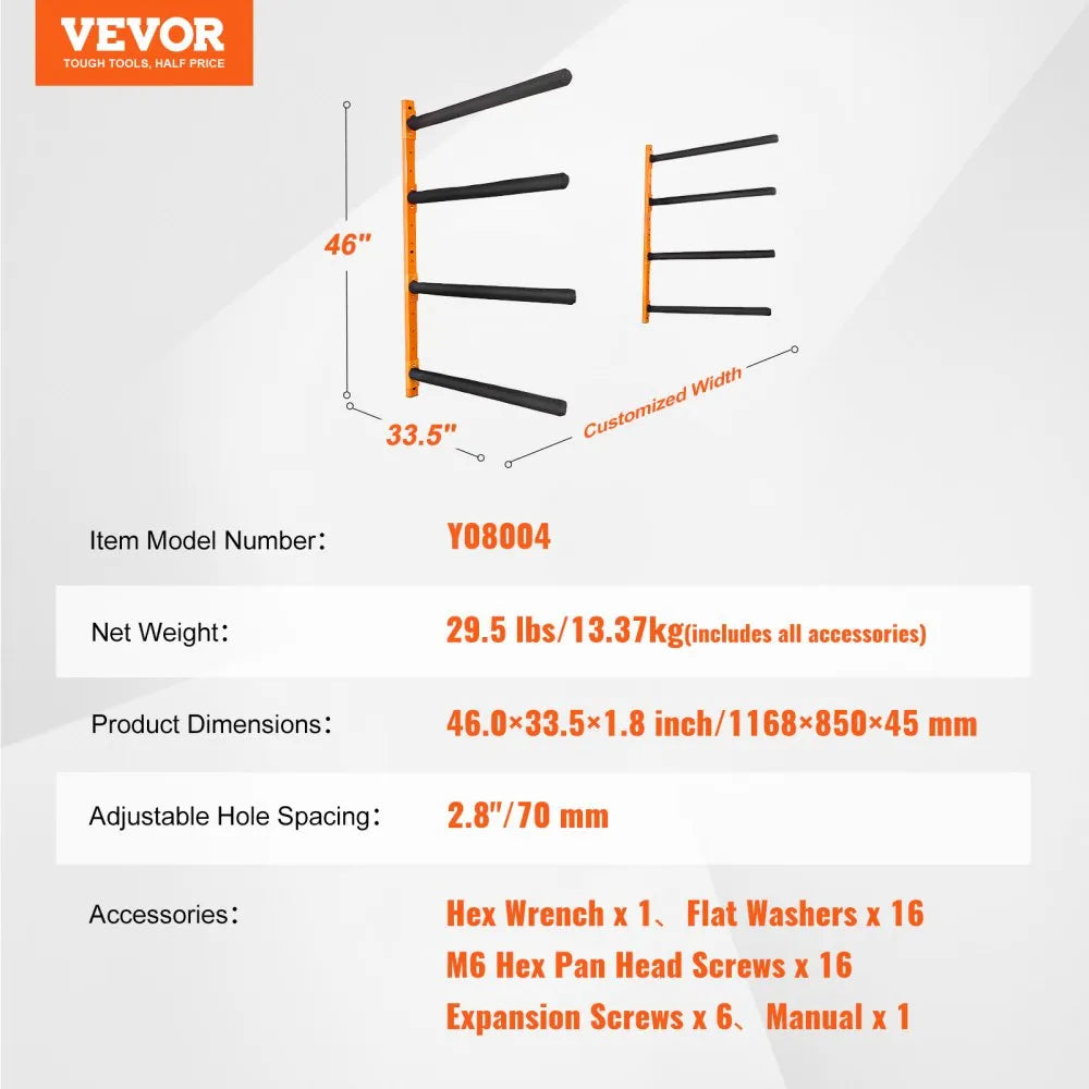 VEVOR Wall Kayak Storage Rack, 4-Capacity Wall Mounted Kayak Holders for Kayak Canoe Paddle Board, Kayak Storage Hooks with Adjustable Padded Arms, 400 LBS Load Kayak Hanger for Indoor Outdoor Garage