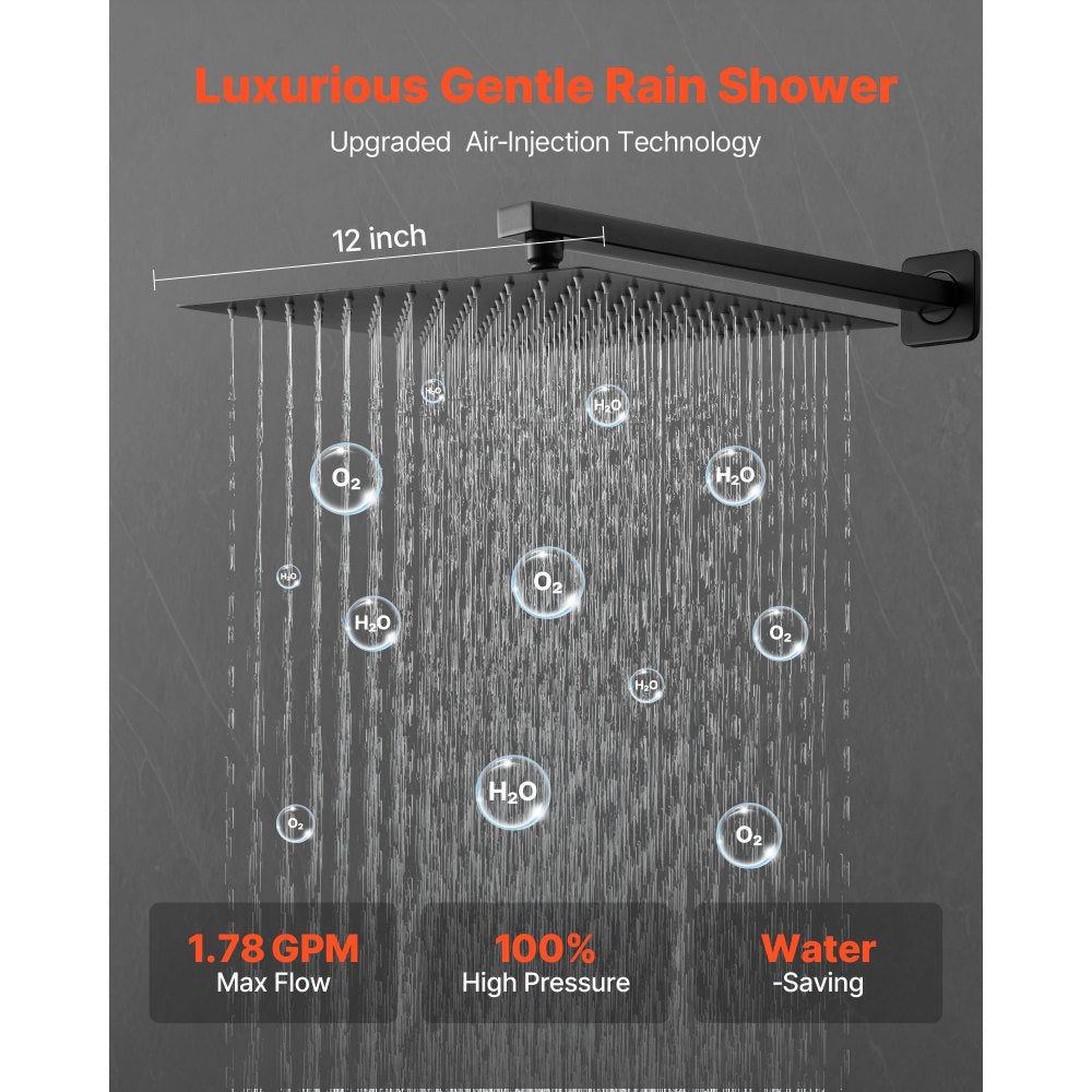 VEVOR Shower Faucet Set, Rainfall Bathroom Shower System with 12-Inch Square Rain Shower Head and Handheld Spray, Wall Mounted Bath Fixtures with Brass Valve and Trim Kit, Matte Black