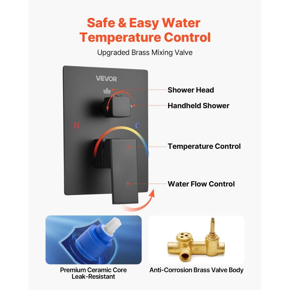 VEVOR Shower Faucet Set, Rainfall Bathroom Shower System with 12-Inch Square Rain Shower Head and Handheld Spray, Wall Mounted Bath Fixtures with Brass Valve and Trim Kit, Matte Black