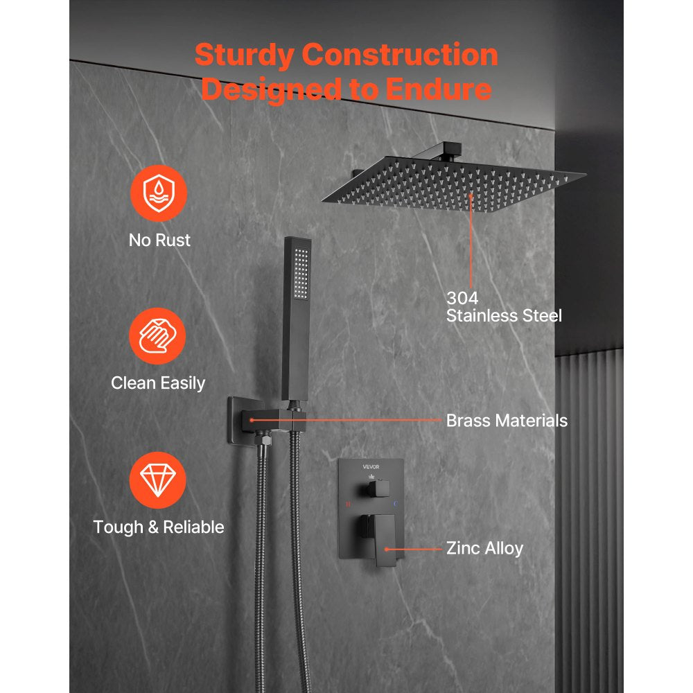 VEVOR Shower Faucet Set, Rainfall Bathroom Shower System with 12-Inch Square Rain Shower Head and Handheld Spray, Wall Mounted Bath Fixtures with Brass Valve and Trim Kit, Matte Black