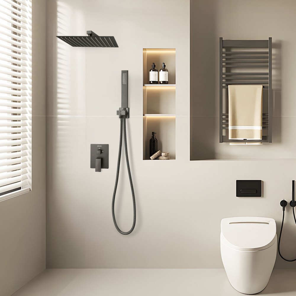 VEVOR Shower Faucet Set, Rainfall Bathroom Shower System with 12-Inch Square Rain Shower Head and Handheld Spray, Wall Mounted Bath Fixtures with Brass Valve and Trim Kit, Matte Black