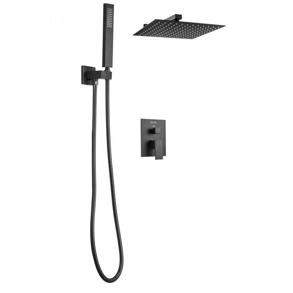 VEVOR Shower Faucet Set, Rainfall Bathroom Shower System with 12-Inch Square Rain Shower Head and Handheld Spray, Wall Mounted Bath Fixtures with Brass Valve and Trim Kit, Matte Black