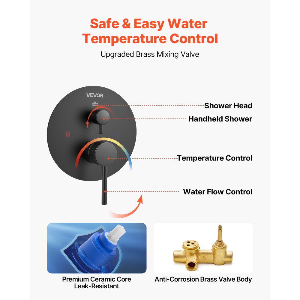 VEVOR Shower Faucet Set, Rainfall Bathroom Shower System with 10-Inch Round Rain Shower Head and Handheld Spray, Wall Mounted Bath Fixtures with Brass Valve and Trim Kit, Matte Black