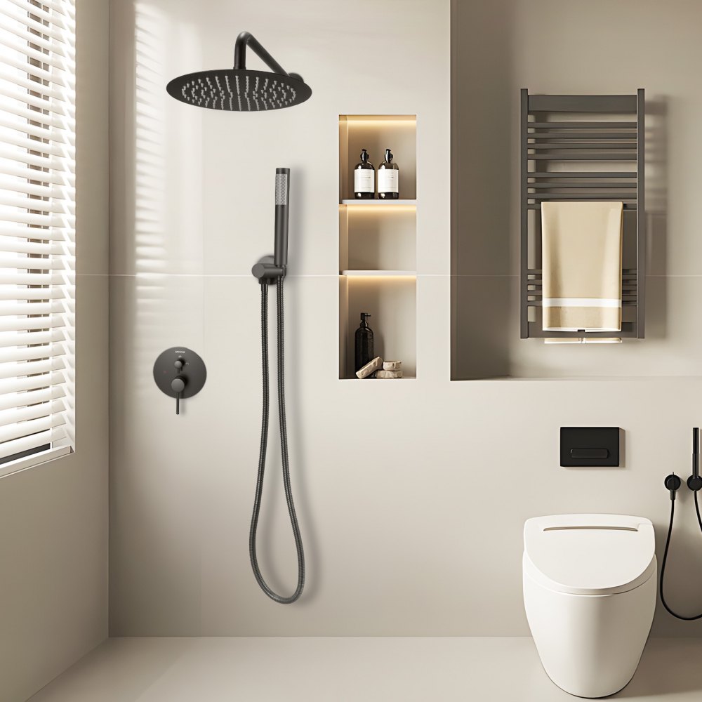 VEVOR Shower Faucet Set, Rainfall Bathroom Shower System with 10-Inch Round Rain Shower Head and Handheld Spray, Wall Mounted Bath Fixtures with Brass Valve and Trim Kit, Matte Black
